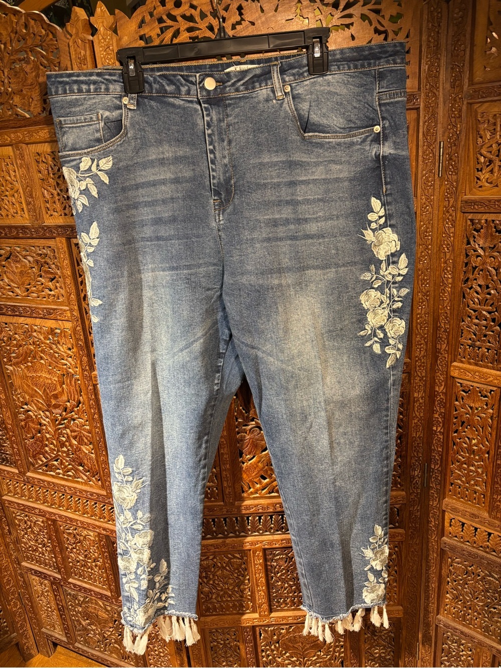 K. Jordan Blue Denim Jeans with White Floral Embroidery